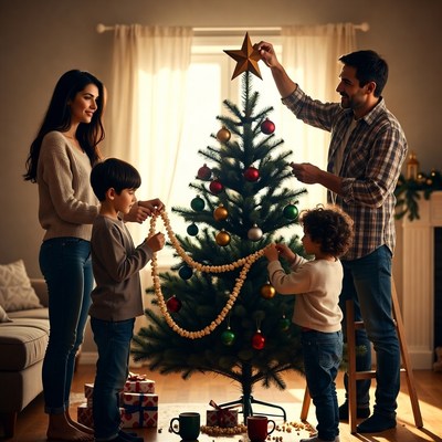 Family decorating christmas tree together
