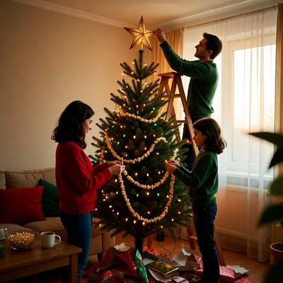 Family decorates christmas tree together