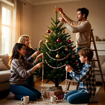 Family decorating christmas tree indoors