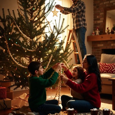 Family decorates christmas tree together