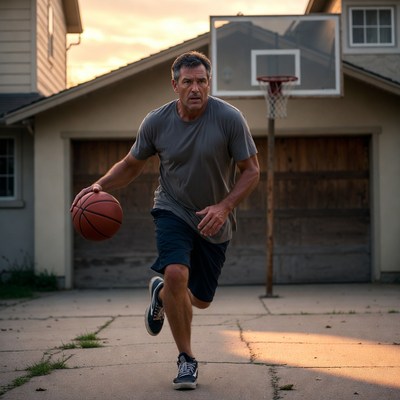 Man dribbles basketball in driveway