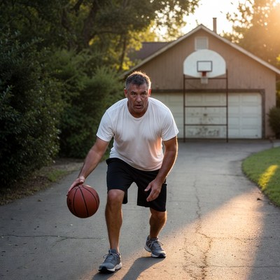 Man dribbling basketball in driveway