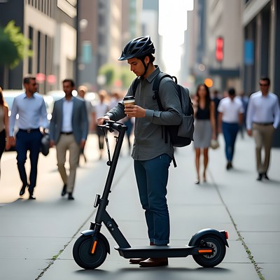 Commuter on electric scooter in city street