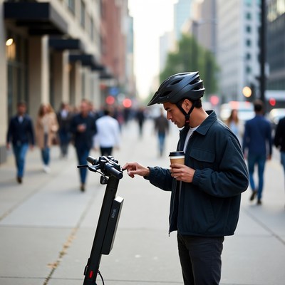 Man using electric scooter on city street