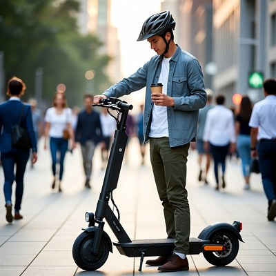 Man rides scooter in city street