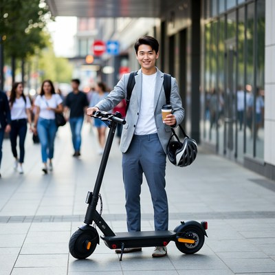 Man riding electric scooter in city street