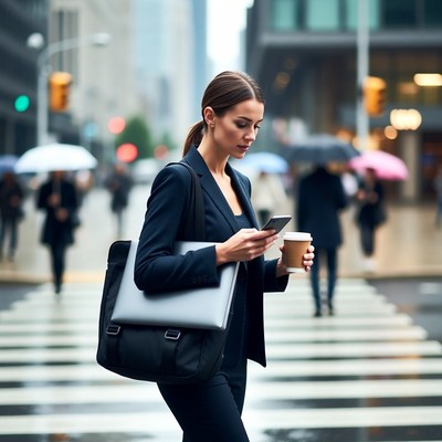 Woman walking in city rain with coffee