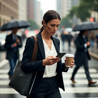 Businesswoman walking on rainy street