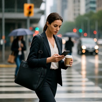 Businesswoman walks while checking phone