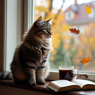 Cat looking out window in fall