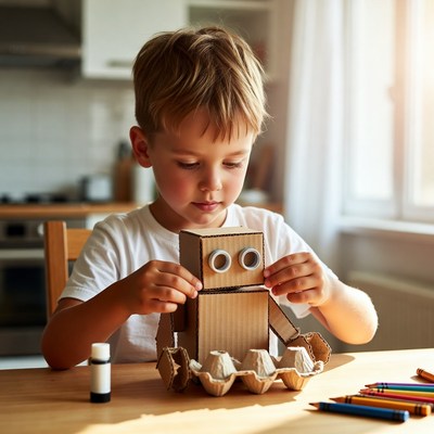 Child making robot from cardboard