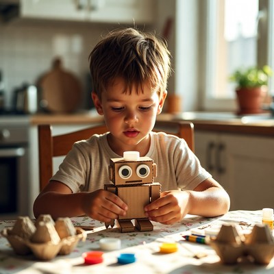 Child builds robot toy in kitchen