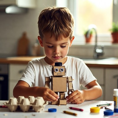 Child builds robot from cardboard