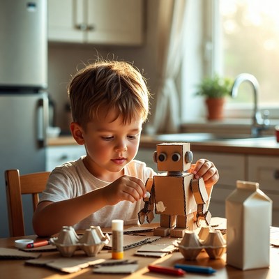 Child builds robot from cardboard