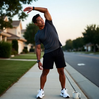 Man stretching on sidewalk in morning