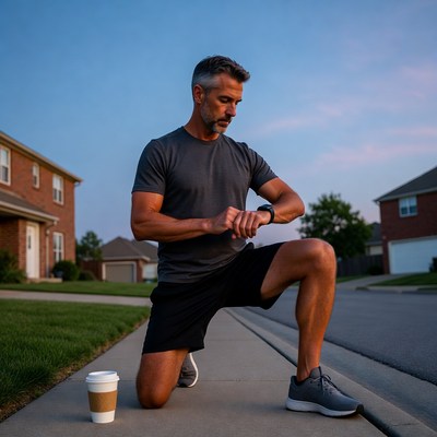 Man checks watch while exercising