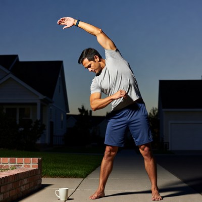 Man stretches in front yard at dawn
