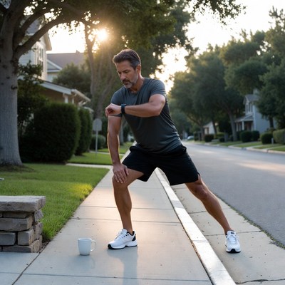 Man stretching on sidewalk at sunset