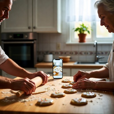Baking cookies with family in kitchen