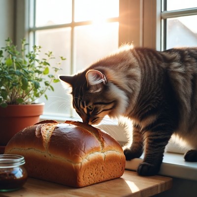 Cat explores bread on kitchen counter