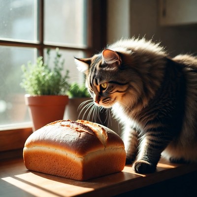 Cat observes bread near window