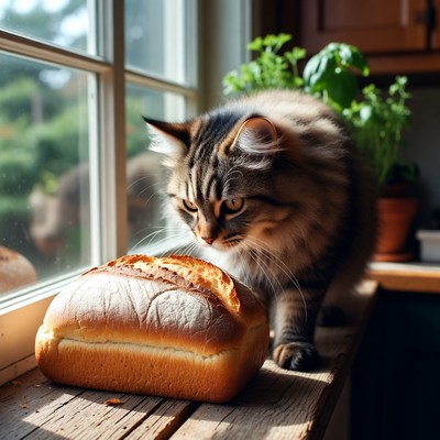 Cat explores bread on windowsill