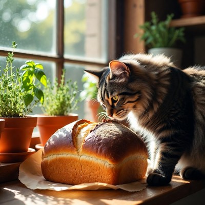 Cat and bread at kitchen window