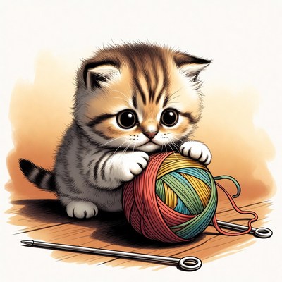 Cute kitten plays with yarn ball