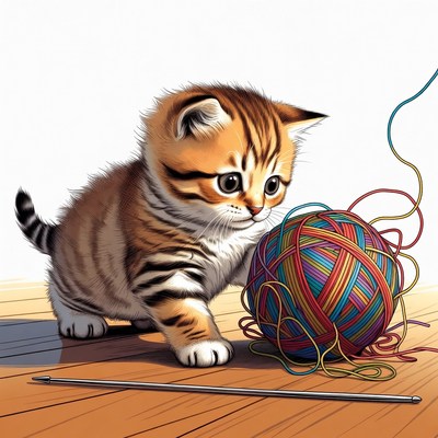 Cute kitten plays with yarn ball