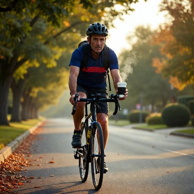 Man cycling with coffee cup on street