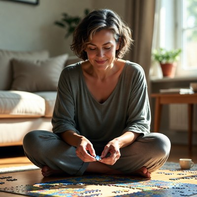 Woman works on jigsaw puzzle indoors