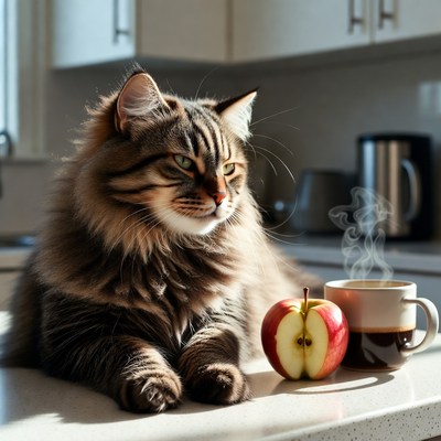 Cat relaxing with coffee and apple
