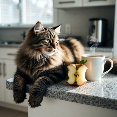 Cat relaxing with coffee and apple