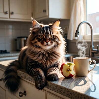 Cat rests on kitchen counter by hot drink