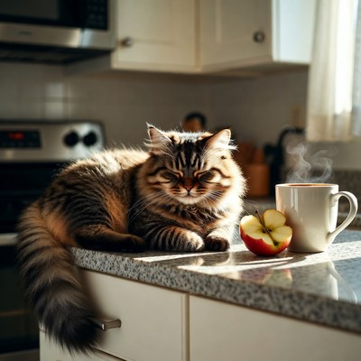 Cat resting in kitchen with coffee