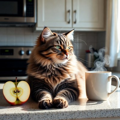 Cat sits by coffee and apple