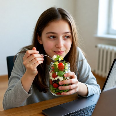 Girl eating salad at home while working