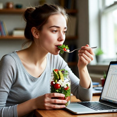 Eating salad while working at home