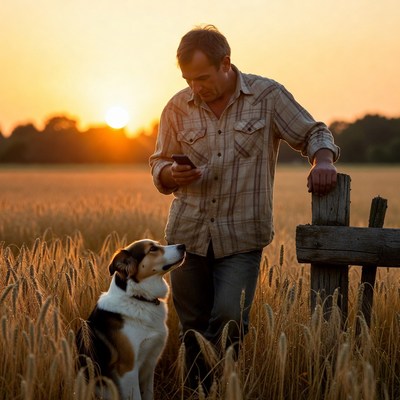 Man checks phone with dog at sunset