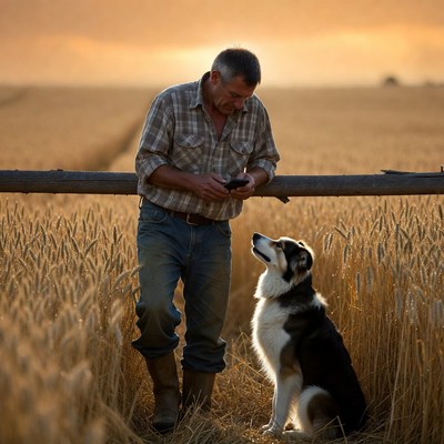 Farmer interacts with dog in wheat field