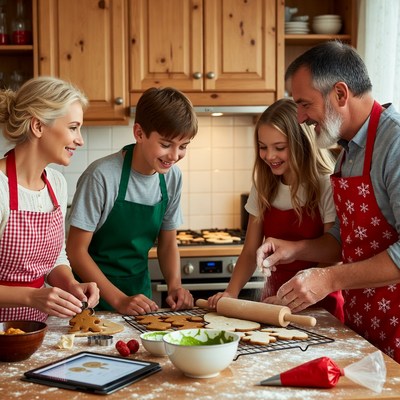 Family makes cookies in kitchen