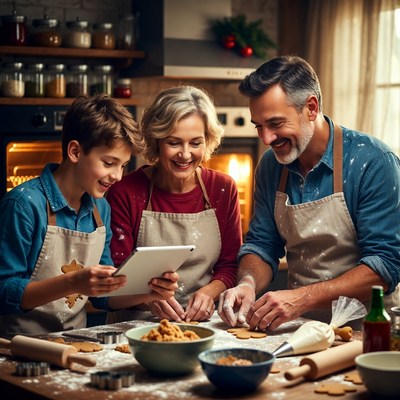 Family baking cookies together in kitchen