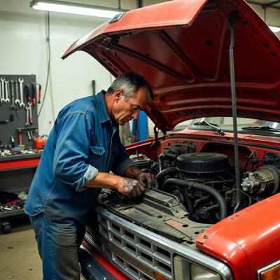 Man fixing car engine in garage