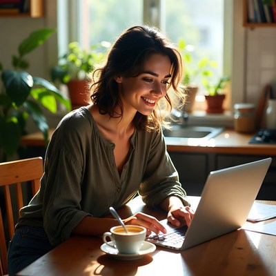 Woman working at home during morning