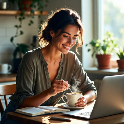 Working at home with coffee and laptop