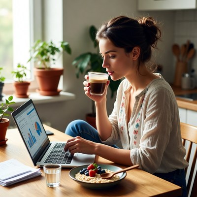 Working at home with coffee and breakfast