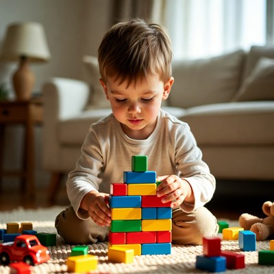 Child builds with colorful blocks