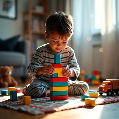 Child stacking colorful blocks indoors