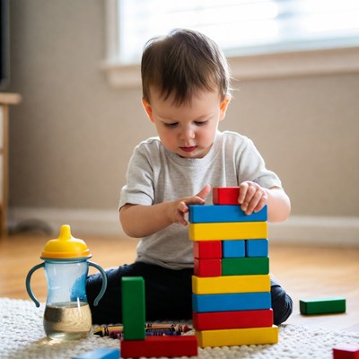 Child building with colorful blocks indoors