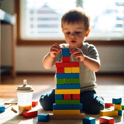 Child playing with colorful building blocks